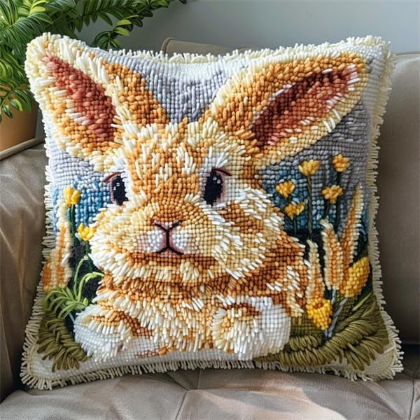 Latch Hook Cushion Kits Rabbit Latch Hook Pillow Kits for Adults 17X17Inch with Preprinted Pattern Needlework Embroidery Set DIY Handmade Crochet Craft Kit for Sofa Home Decor