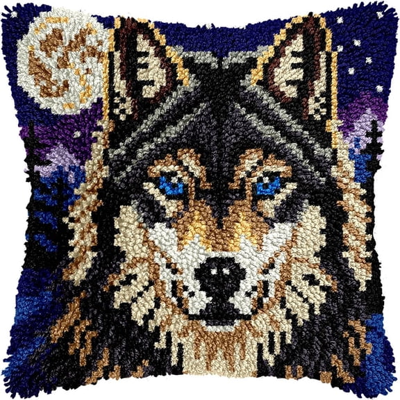 Latch Hook Cushion Kits Wolf 43X43Cm Latch Hook Pillow Case Kits Embroidery,Diy Needlework Pillow Cover Sofa Cushion Rug Making Kits For Adults,Craft Kits Home Decor