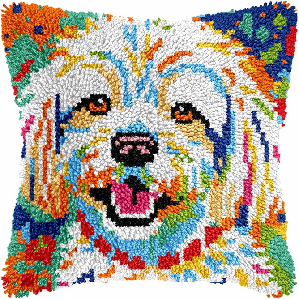 Latch Hook Kit For Adults, Animal Dog 17X17Inch, Latch Hook Panda Pillow Case Kits, Diy Latch Hook Cushion Kits, Cross Stitch Embroidery Kits Cushion Making Kits Home Decor 43X43Cm