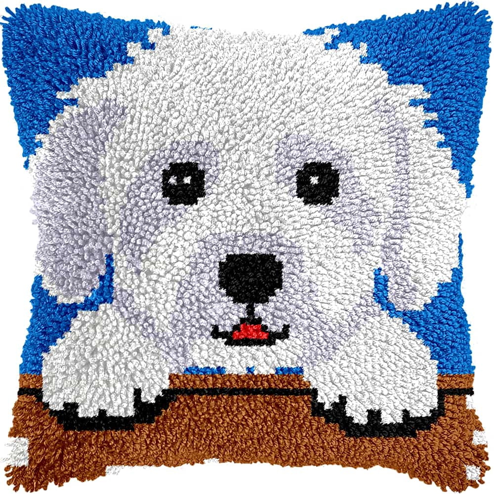 Latch Hook Kit For Adults, Animal Dog 17X17Inch, Latch Hook Panda Pillow Case Kits, Diy Latch Hook Cushion Kits, Cross Stitch Embroidery Kits Cushion Making Kits Home Decor 43X43Cm