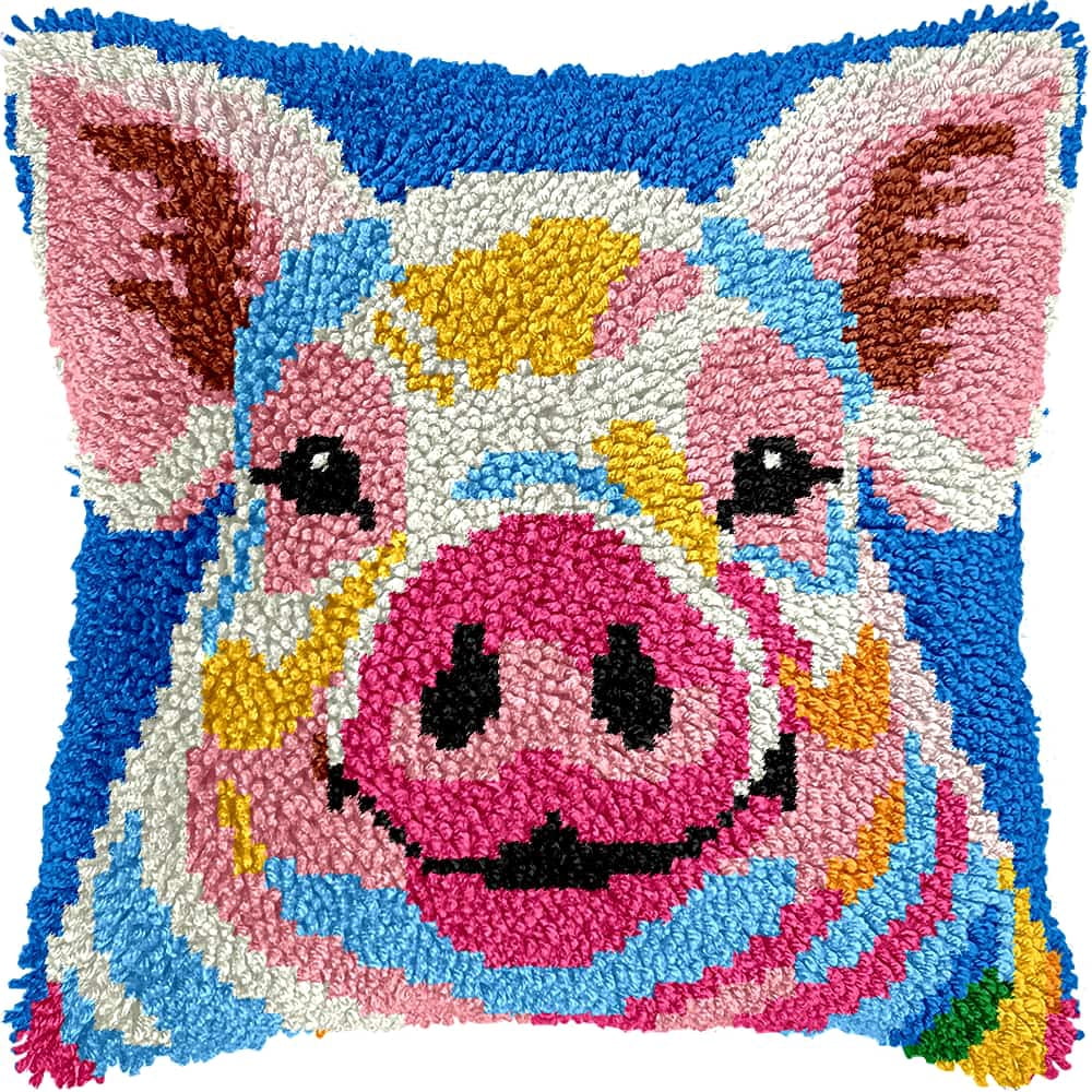 Latch Hook Kit For Adults, Animal Pig 17X17Inch, Latch Hook Panda Pillow Case Kits, Diy Latch Hook Cushion Kits, Cross Stitch Embroidery Kits Cushion Making Kits Home Decor 43X43Cm
