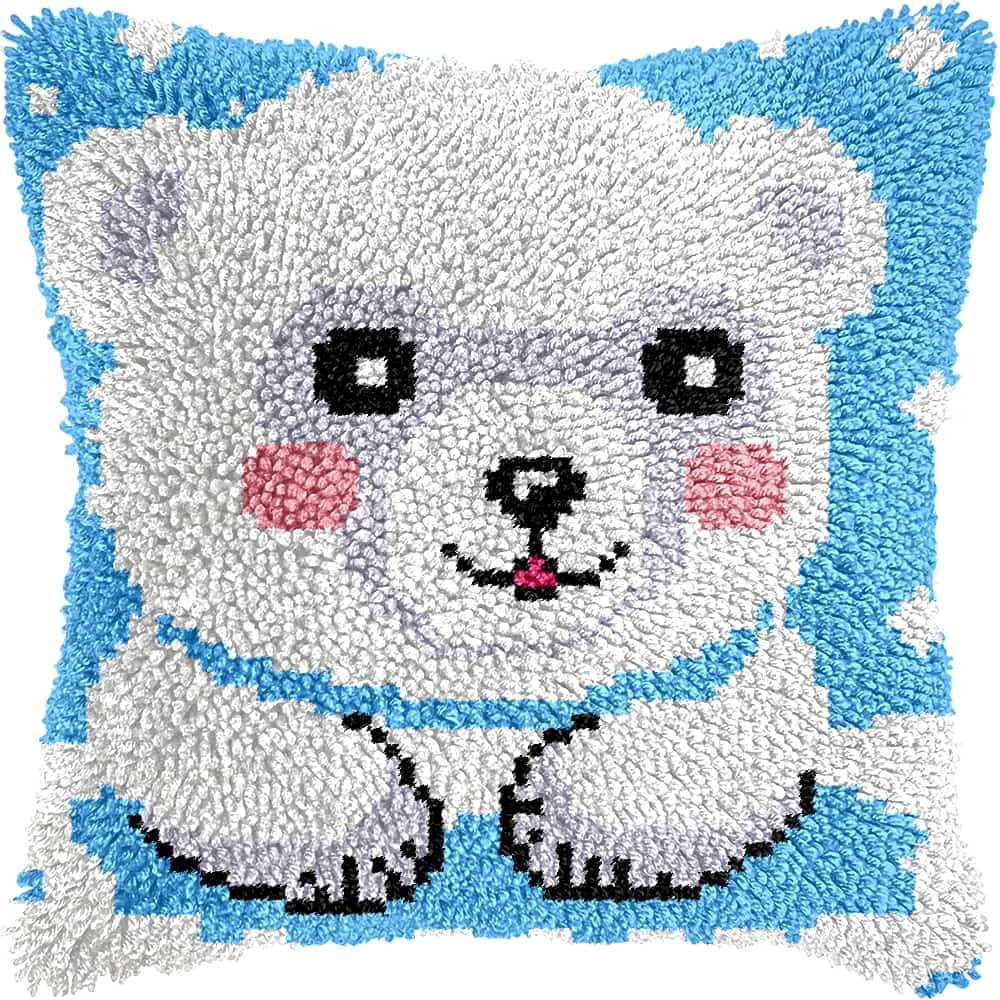 Latch Hook Kit For Adults, Bear 17X17Inch, Latch Hook Panda Pillow Case Kits, Diy Latch Hook Cushion Kits, Cross Stitch Embroidery Kits Cushion Making Kits Home Decor 43X43Cm