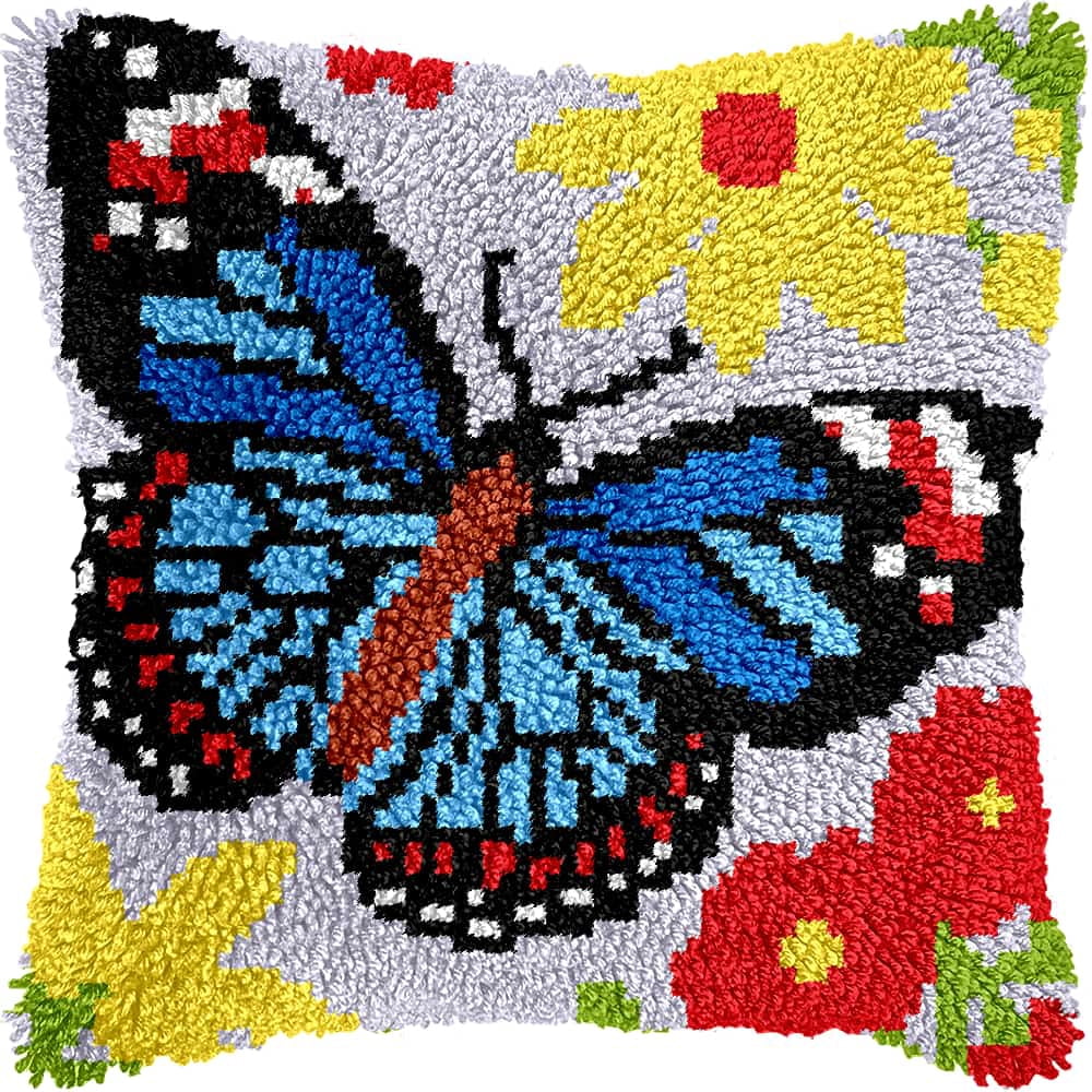 Latch Hook Kit For Adults, Butterfly 17X17Inch, Latch Hook Panda Pillow Case Kits, Diy Latch Hook Cushion Kits, Cross Stitch Embroidery Kits Cushion Making Kits Home Decor 43X43Cm