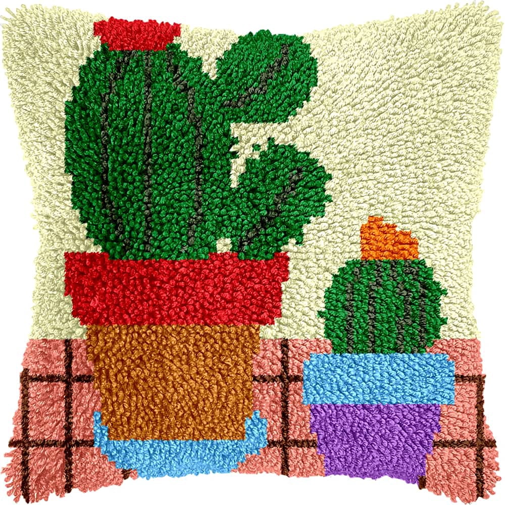 Latch Hook Kit For Adults, Cactus 17X17Inch, Latch Hook Panda Pillow Case Kits, Diy Latch Hook Cushion Kits, Cross Stitch Embroidery Kits Cushion Making Kits Home Decor 43X43Cm