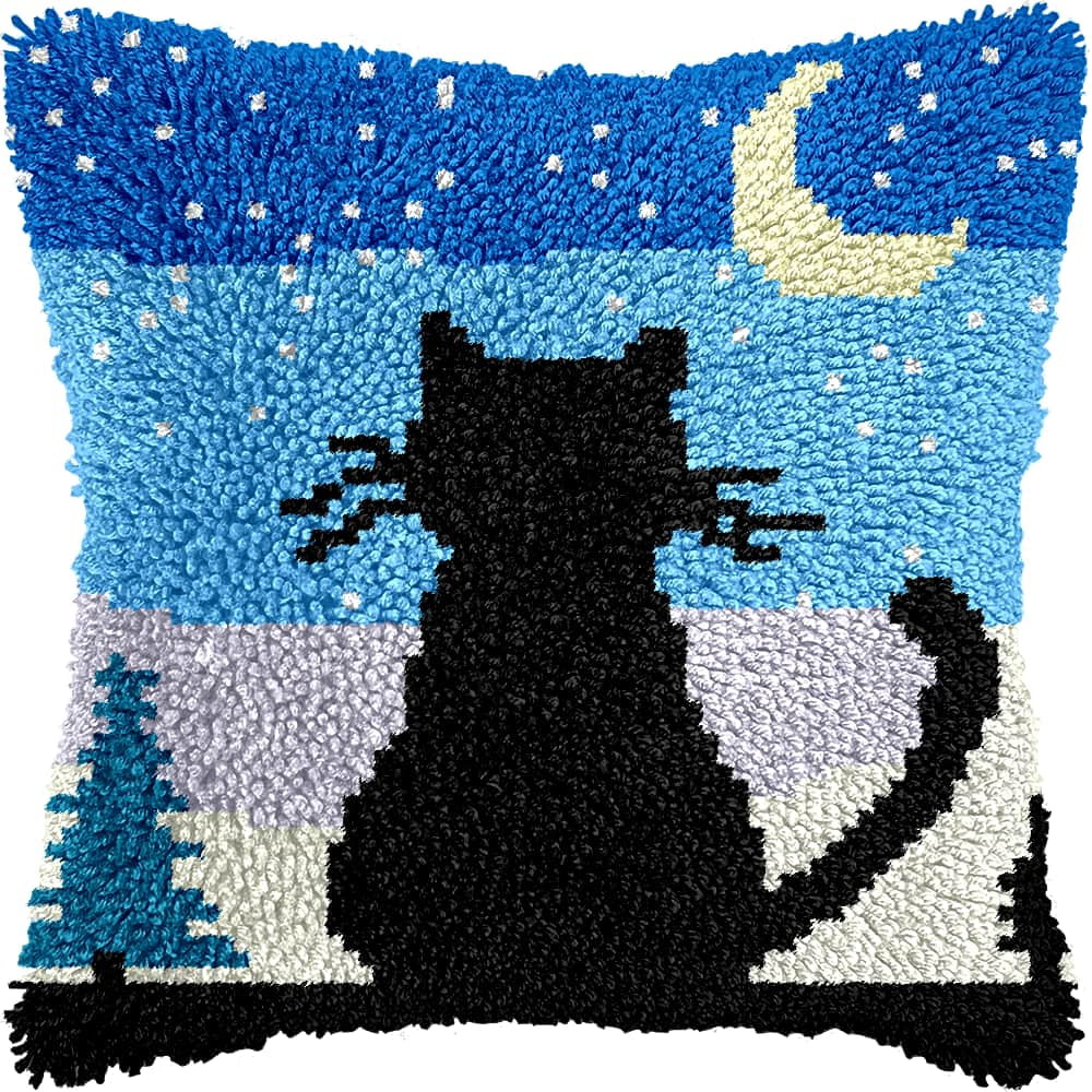 Latch Hook Kit For Adults, Cat 17X17Inch, Latch Hook Panda Pillow Case Kits, Diy Latch Hook Cushion Kits, Cross Stitch Embroidery Kits Cushion Making Kits Home Decor 43X43Cm