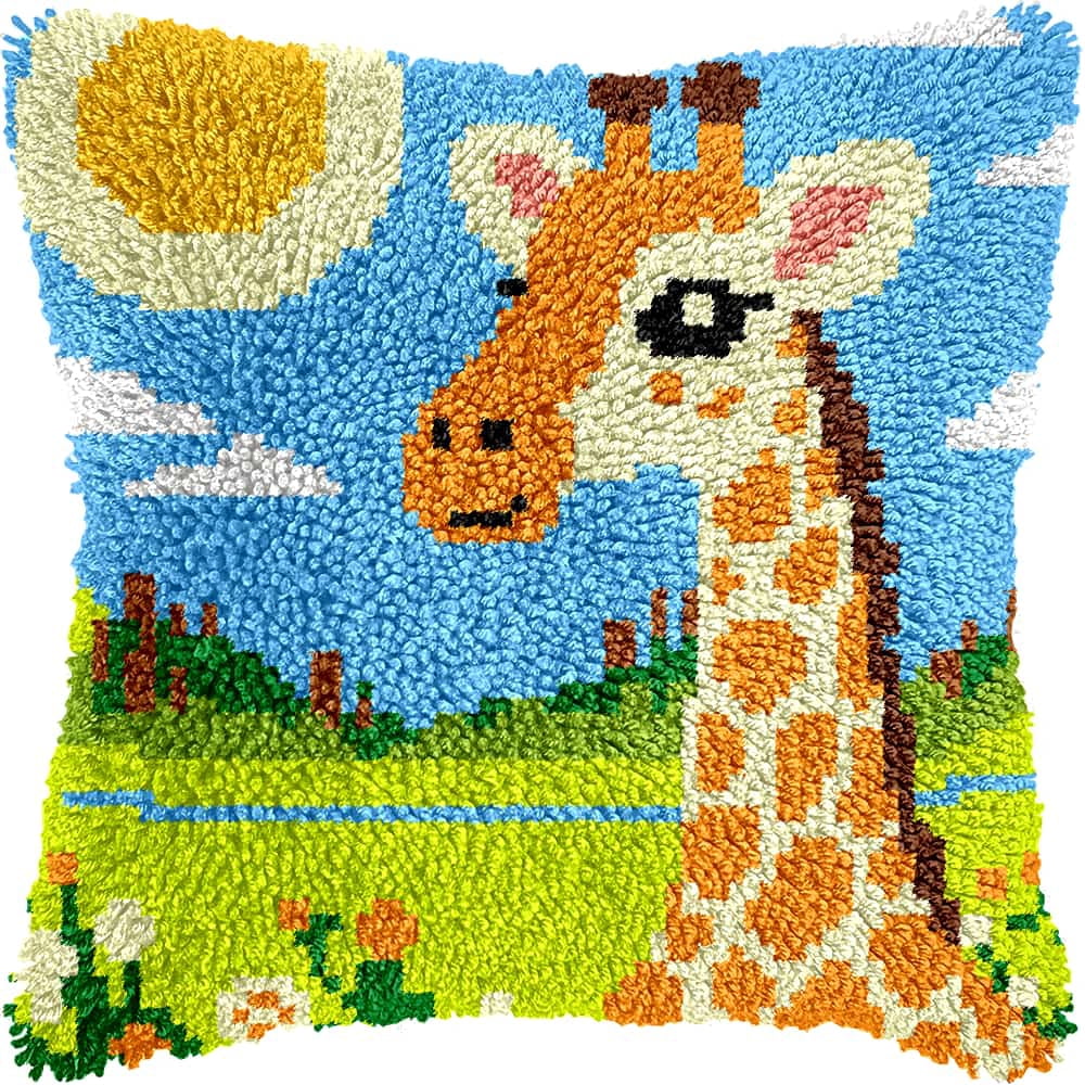 Latch Hook Kit For Adults, Giraffe 17X17Inch, Latch Hook Panda Pillow Case Kits, Diy Latch Hook Cushion Kits, Cross Stitch Embroidery Kits Cushion Making Kits Home Decor 43X43Cm