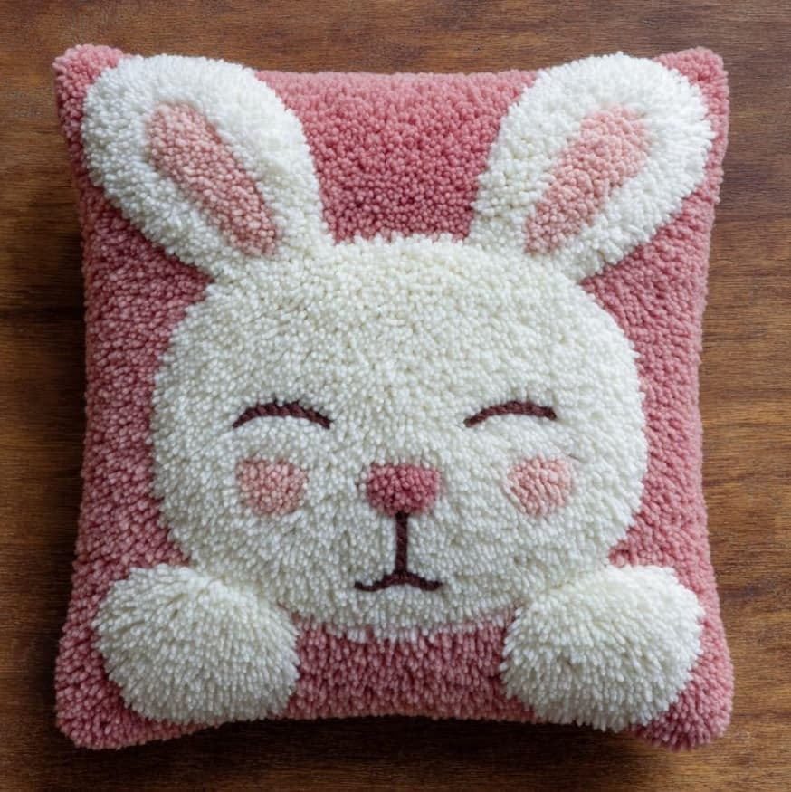 Latch Hook Kit For Adults, Little White Rabbit 17X17Inch, Latch Hook Panda Pillow Case Kits, Diy Latch Hook Cushion Kits, Cross Stitch Embroidery Kits Cushion Making Kits Home Decor 43X43Cm