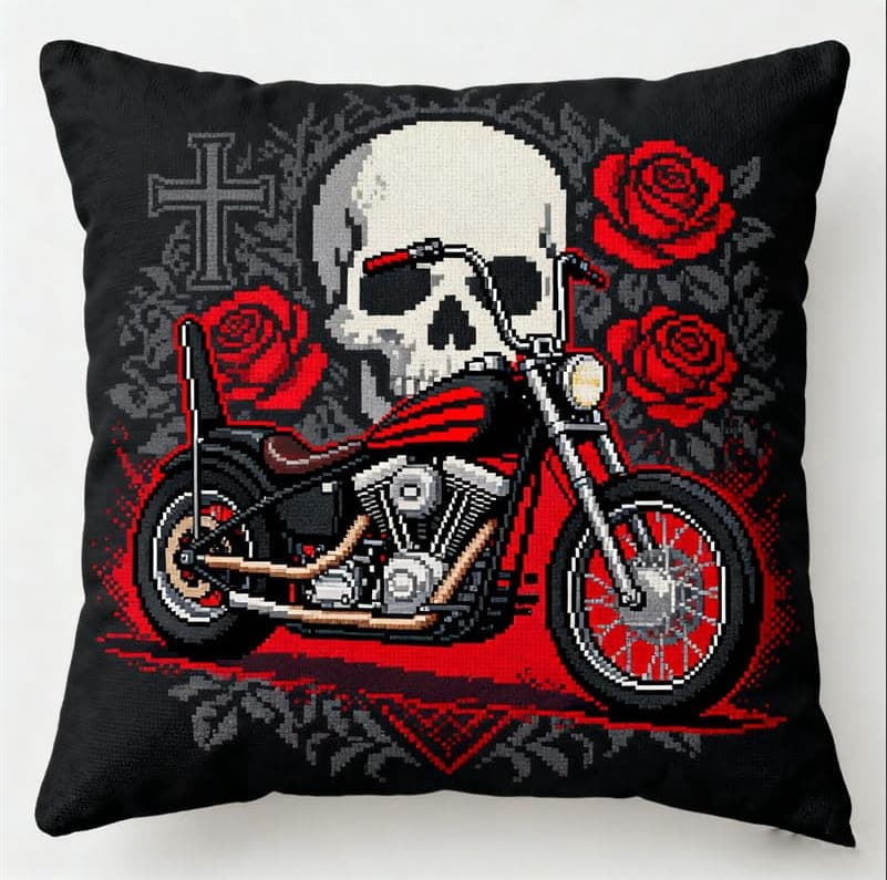 Latch Hook Kit For Adults, Motorcycle 17X17Inch, Latch Hook Panda Pillow Case Kits, Diy Latch Hook Cushion Kits, Cross Stitch Embroidery Kits Cushion Making Kits Home Decor 43X43Cm