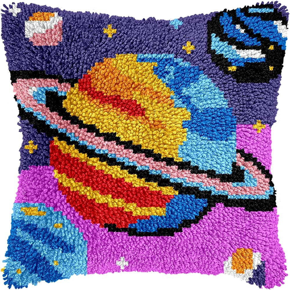 Latch Hook Kit For Adults, Planet 17X17Inch, Latch Hook Panda Pillow Case Kits, Diy Latch Hook Cushion Kits, Cross Stitch Embroidery Kits Cushion Making Kits Home Decor 43X43Cm