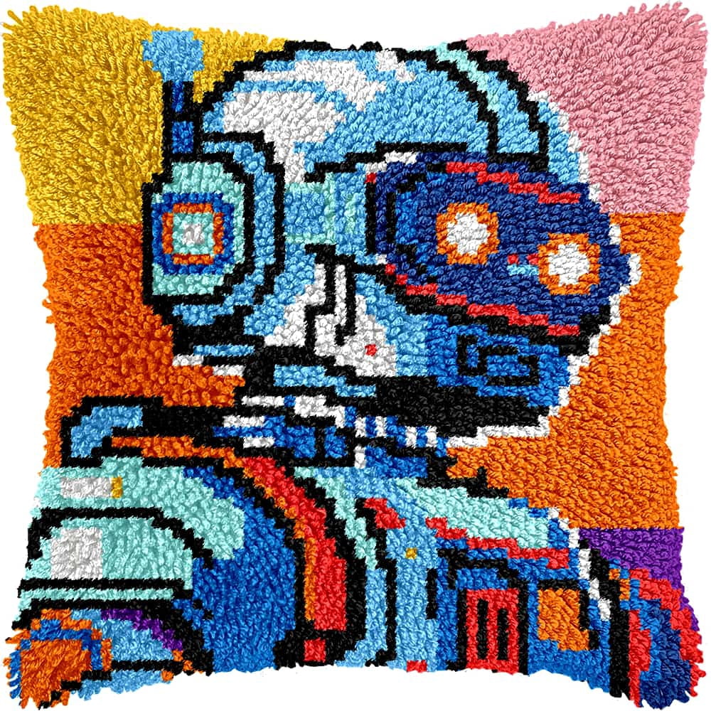 Latch Hook Kit For Adults, Robot 17X17Inch, Latch Hook Panda Pillow Case Kits, Diy Latch Hook Cushion Kits, Cross Stitch Embroidery Kits Cushion Making Kits Home Decor 43X43Cm