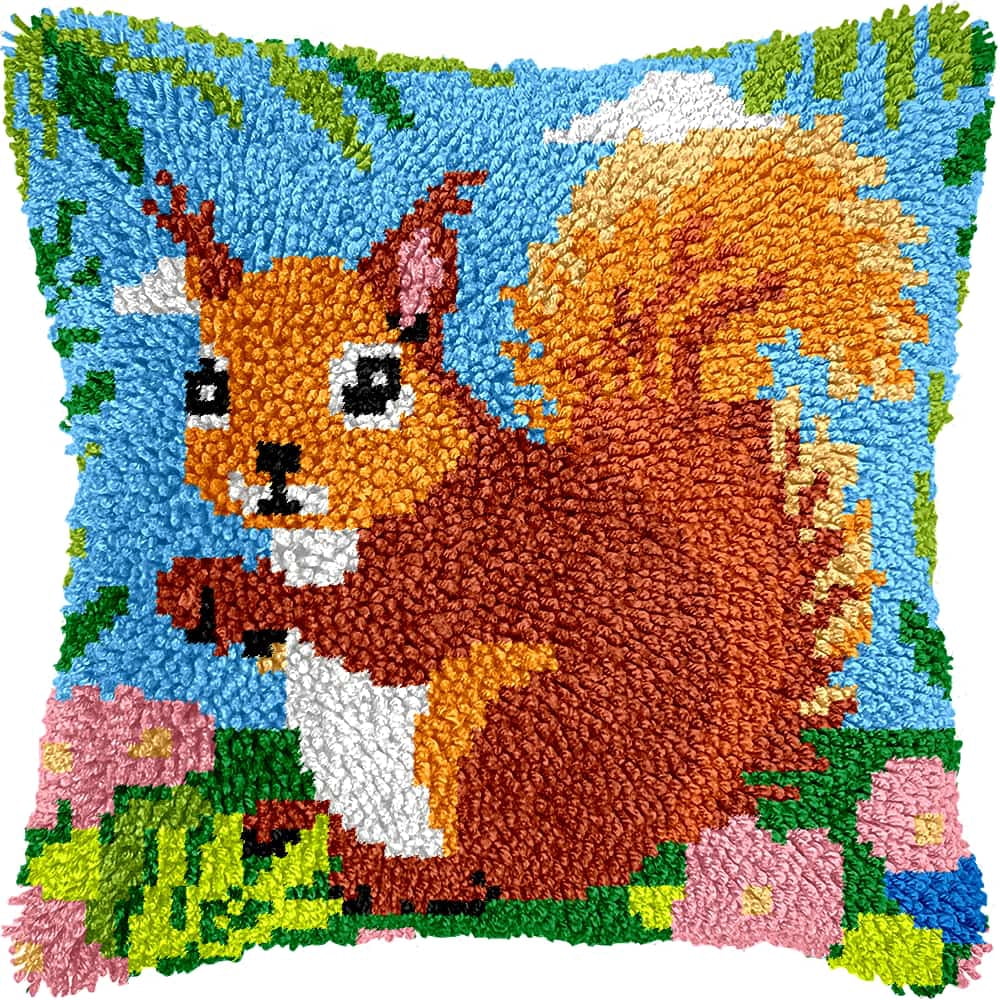 Latch Hook Kit For Adults, Squirrel 17X17Inch, Latch Hook Panda Pillow Case Kits, Diy Latch Hook Cushion Kits, Cross Stitch Embroidery Kits Cushion Making Kits Home Decor 43X43Cm