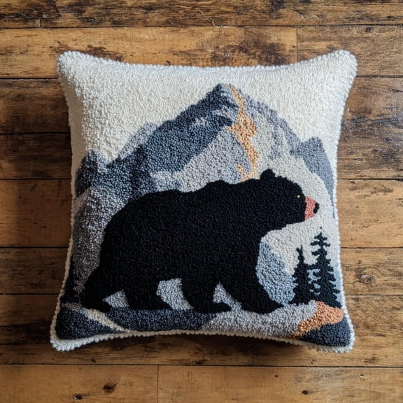 Latch Hook Kit, Animal Black Bear And Mountains Latch Hook Pillow Kits For Adults Crochet Yarn Cushion Pre-Printed Needlework Handcraft 17X17 Inch