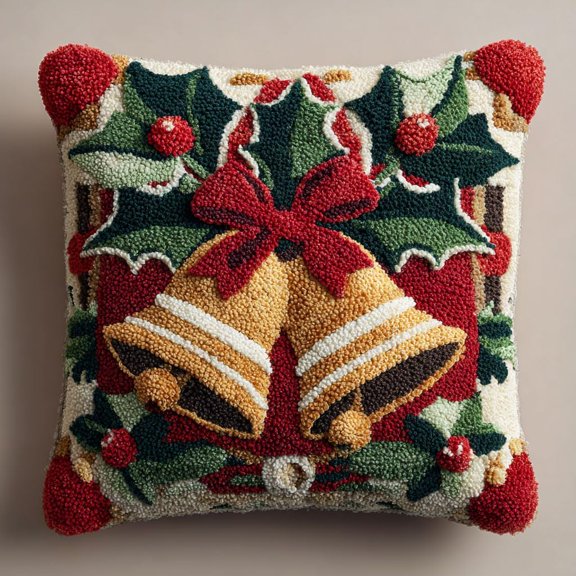 Latch Hook Kit, Christmas Bells Animal Latch Hook Pillow Kits For Adults Crochet Yarn Cushion Pre-Printed Needlework Handcraft 17X17 Inch