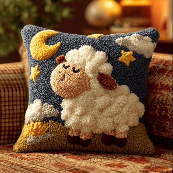 Latch Hook Kit Cushion For Adults,Sheep 17X17 Inch,Pre-Printed Craft Latch Hook Rug Kits Cross-Stitch Embroidery Pillow Cover Kit