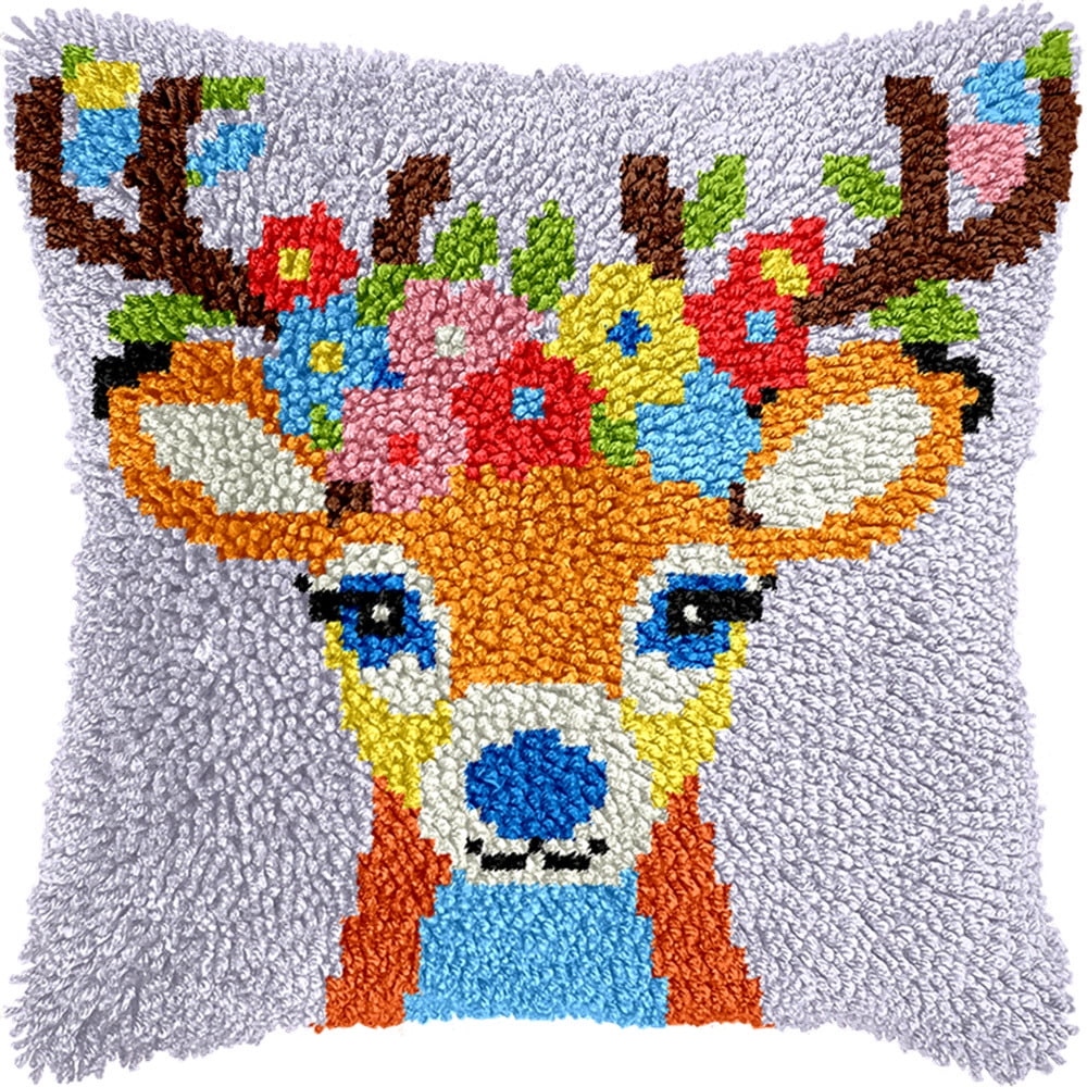 Latch Hook Kit, Deer And Flowers Animal Latch Hook Pillow Kits For Adults Crochet Yarn Cushion Pre-Printed Needlework Handcraft 17X17 Inch