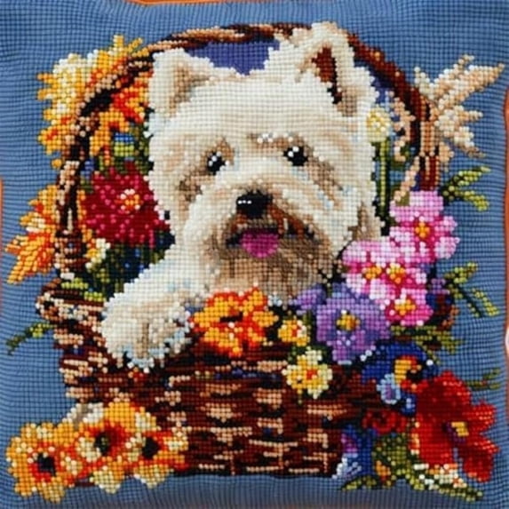 Latch Hook Kit, Dog In A Flower Basket Animal Latch Hook Pillow Kits For Adults Crochet Yarn Cushion Pre-Printed Needlework Handcraft 17X17 Inch