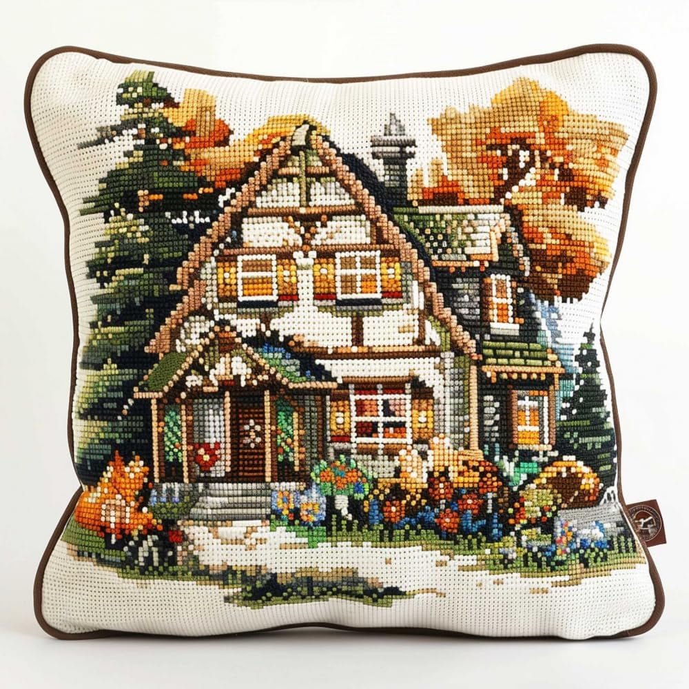 Latch Hook Kit, Flowers And Cottage Animal Latch Hook Pillow Kits For Adults Crochet Yarn Cushion Pre-Printed Needlework Handcraft 17X17 Inch