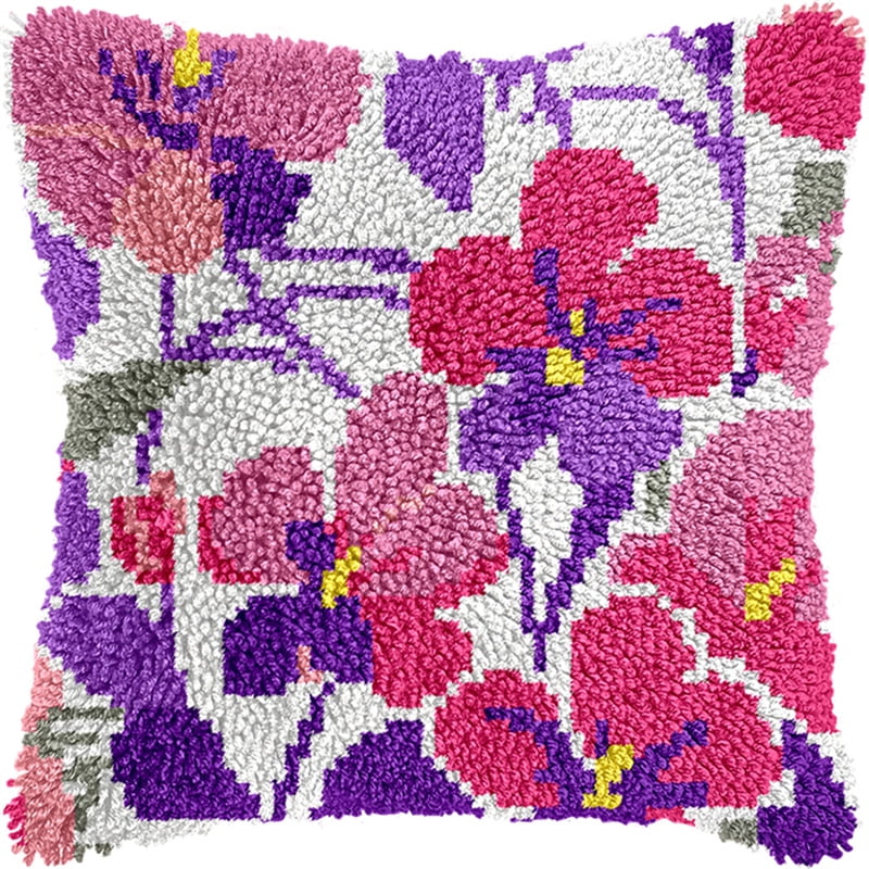 Latch Hook Kit, Flowers Animal Latch Hook Pillow Kits For Adults Crochet Yarn Cushion Pre-Printed Needlework Handcraft 17X17 Inch