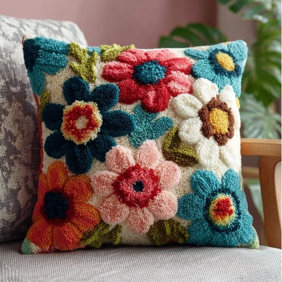 Latch Hook Kit For Adults,Flower Latch Hook Pillow Case Kits, Diy Cushion Kit 17X17Inch, Cross Stitch Embroidery Kits Cover Home Decor 43X43Cm