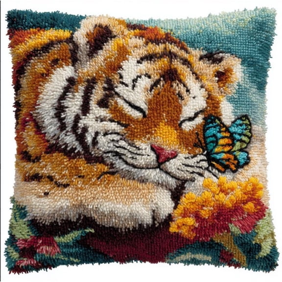 Latch Hook Kit For Adults,Pillow Case Kits, Tiger Diy Latch Hook Cushion Kits 17X17Inch, Cross Stitch Embroidery Kits Home Decor