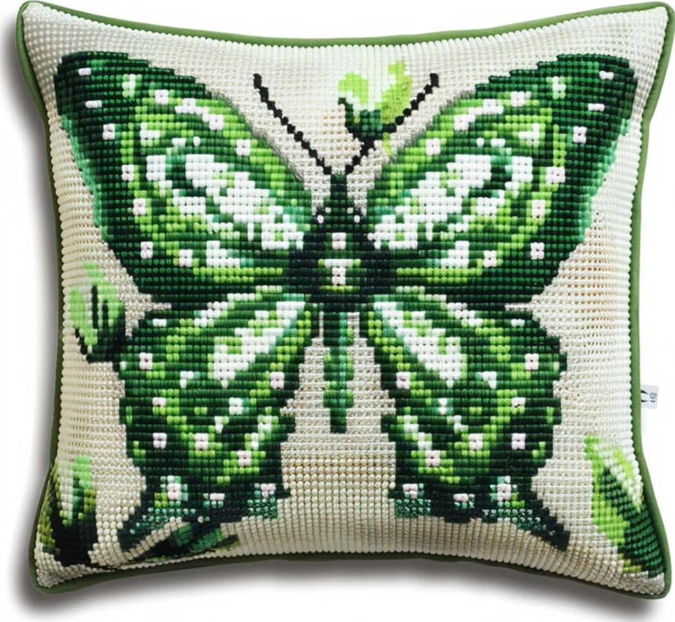 Latch Hook Kit, Green Butterfly Animal Latch Hook Pillow Kits For Adults Crochet Yarn Cushion Pre-Printed Needlework Handcraft 17X17 Inch