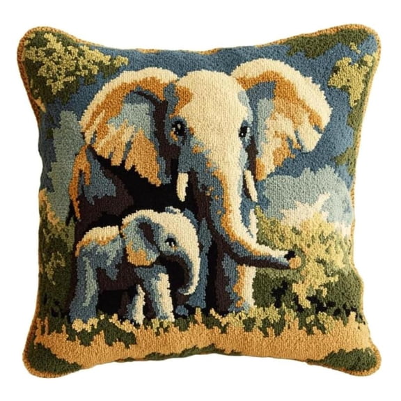 Latch Hook Kit, Grey Elephant Latch Hook Pillow Kits For Adults Crochet Yarn Cushion Pre-Printed Needlework Handcraft 17X17 Inch