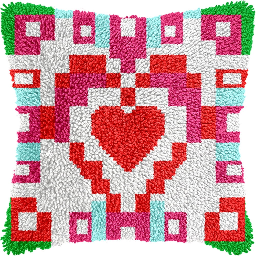 Latch Hook Kit, Heart Pattern Animal Latch Hook Pillow Kits For Adults Crochet Yarn Cushion Pre-Printed Needlework Handcraft 17X17 Inch