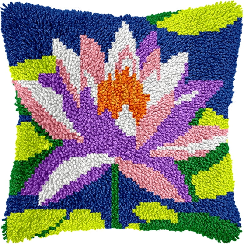 Latch Hook Kit, Lotus Animal Latch Hook Pillow Kits For Adults Crochet Yarn Cushion Pre-Printed Needlework Handcraft 17X17 Inch