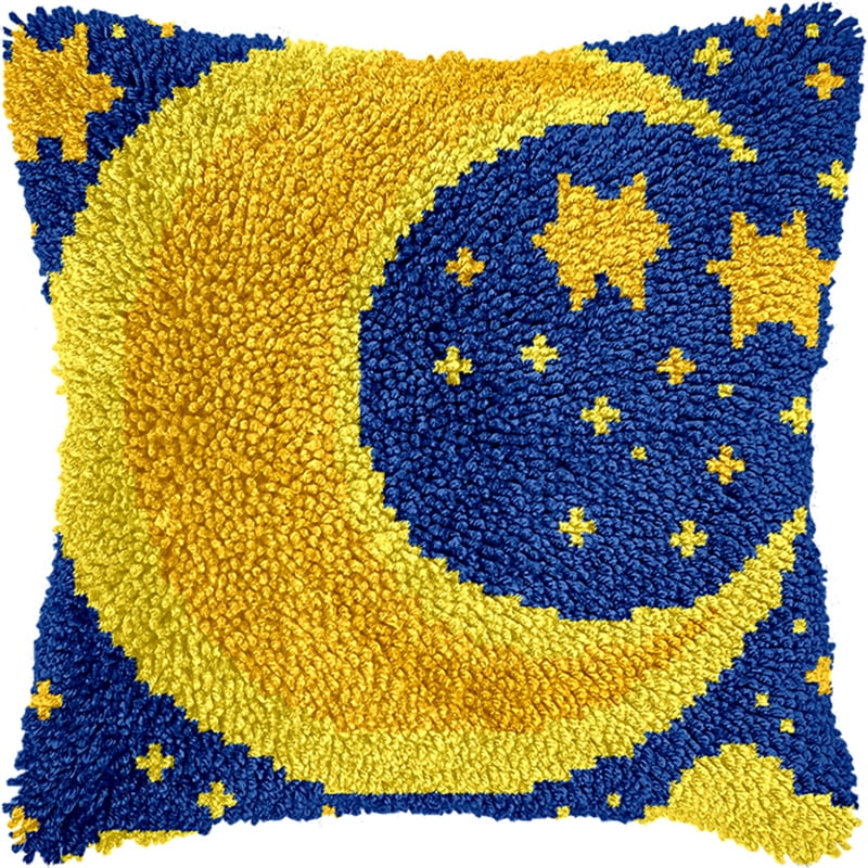 Latch Hook Kit, Moon And Stars Animal Latch Hook Pillow Kits For Adults Crochet Yarn Cushion Pre-Printed Needlework Handcraft 17X17 Inch