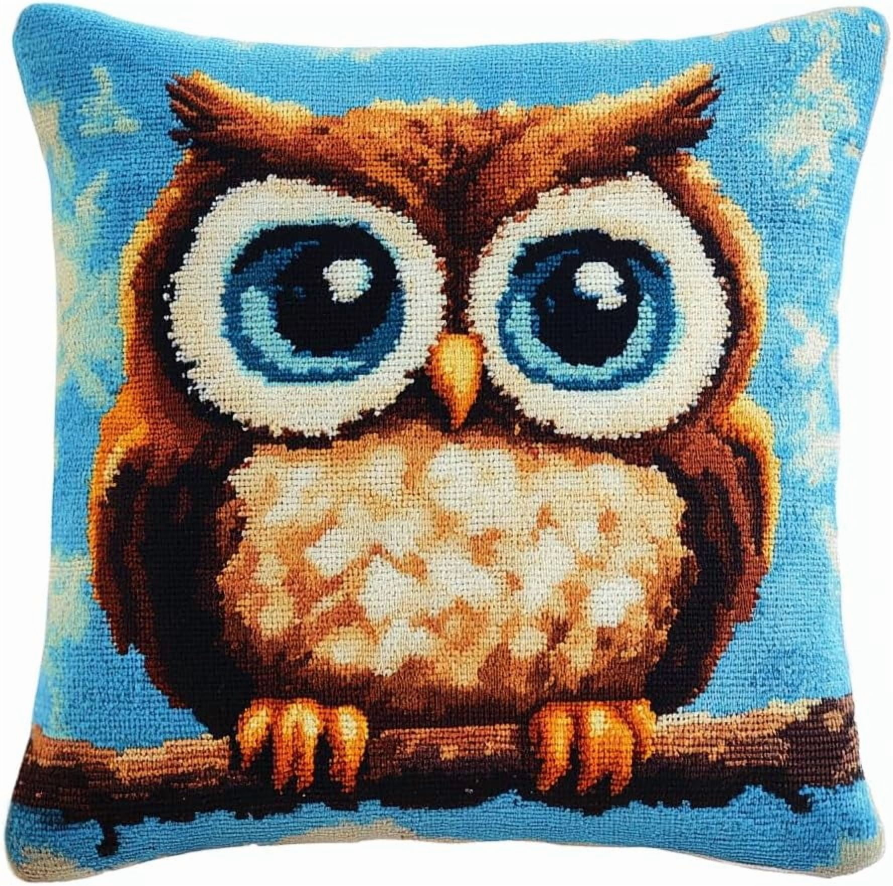 Latch Hook Kit, Owl On A Branch Animal Latch Hook Pillow Kits For Adults Crochet Yarn Cushion Pre-Printed Needlework Handcraft 17X17 Inch