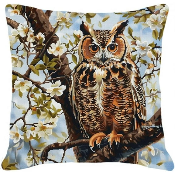 Latch Hook Kit, An Owl Perched On A Flowering Tree Animal Latch Hook Pillow Kits For Adults Crochet Yarn Cushion Pre-Printed Needlework Handcraft 17X17 Inch