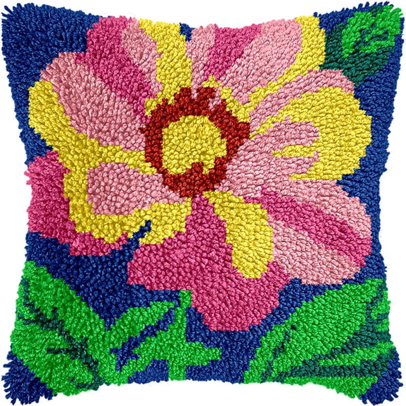 Latch Hook Kit, Pink Flowers Animal Latch Hook Pillow Kits For Adults Crochet Yarn Cushion Pre-Printed Needlework Handcraft 17X17 Inch