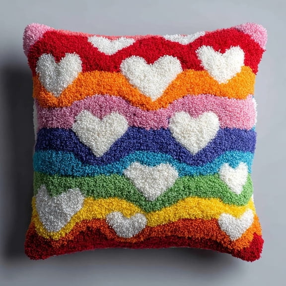 Latch Hook Kit,Rainbows and Hearts 17X17 Inch Latch Hook Pillow Kits For Adults Crochet Yarn Cushion Pre-Printed Needlework Handcraft,43x43cm