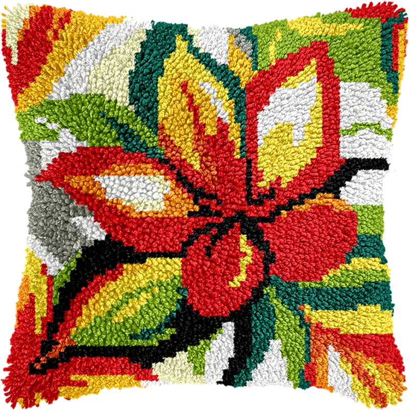 Latch Hook Kit, Red Flowers Animal Latch Hook Pillow Kits For Adults Crochet Yarn Cushion Pre-Printed Needlework Handcraft 17X17 Inch