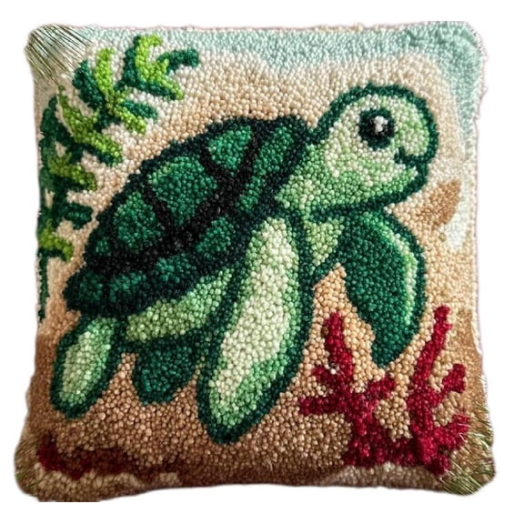 Latch Hook Kit, Sea Turtle Animal Latch Hook Pillow Kits For Adults Crochet Yarn Cushion Pre-Printed Needlework Handcraft 17X17 Inch