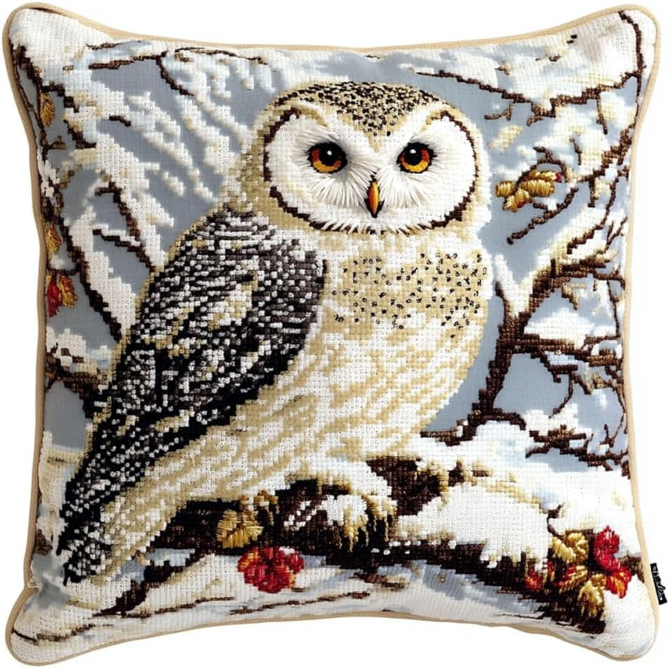 Latch Hook Kit, Snowy Owl Animal Latch Hook Pillow Kits For Adults Crochet Yarn Cushion Pre-Printed Needlework Handcraft 17X17 Inch