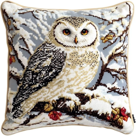 Latch Hook Kit, Snowy Owl Animal Latch Hook Pillow Kits For Adults Crochet Yarn Cushion Pre-Printed Needlework Handcraft 17X17 Inch