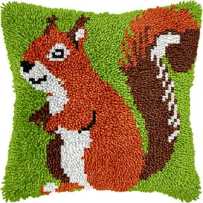 Latch Hook Kit, Squirrel Animal Latch Hook Pillow Kits For Adults Crochet Yarn Cushion Pre-Printed Needlework Handcraft 17X17 Inch
