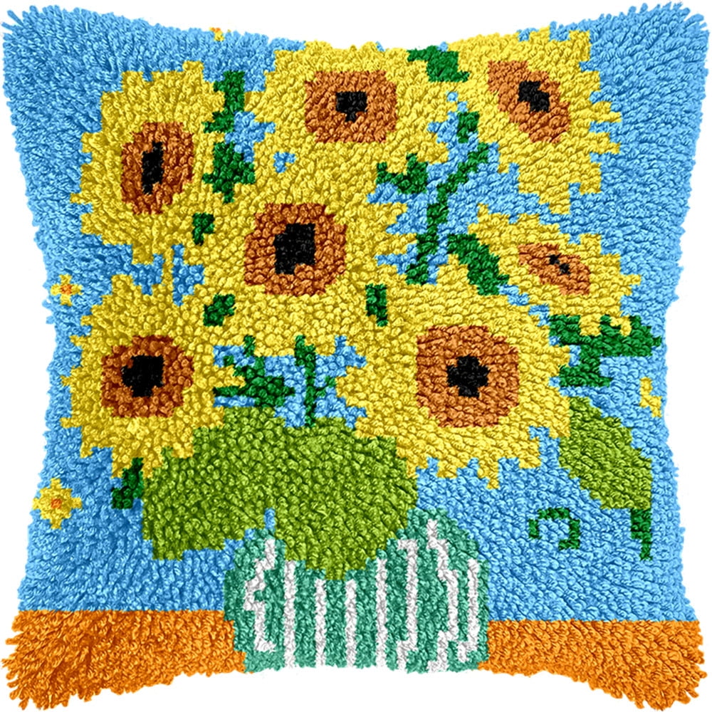 Latch Hook Kit, Sunflower Bouquet Animal Latch Hook Pillow Kits For Adults Crochet Yarn Cushion Pre-Printed Needlework Handcraft 17X17 Inch