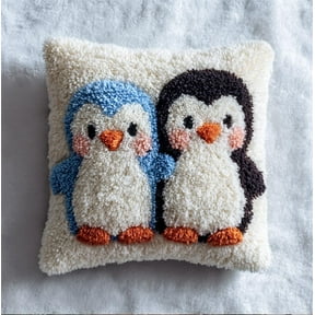 Latch Hook Kit, Two Penguins Animal Latch Hook Pillow Kits For Adults Crochet Yarn Cushion Pre-Printed Needlework Handcraft 17X17 Inch