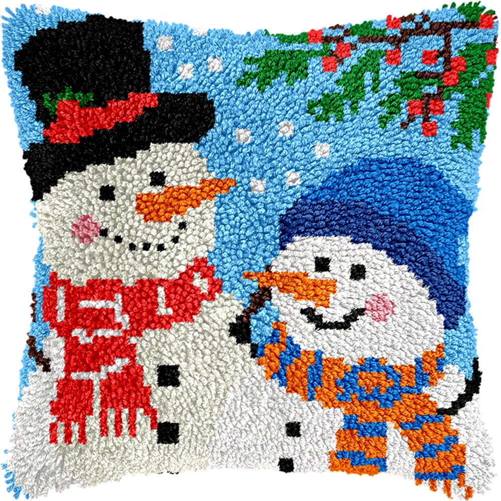 Latch Hook Kit, Two Snowmen Animal Latch Hook Pillow Kits For Adults Crochet Yarn Cushion Pre-Printed Needlework Handcraft 17X17 Inch