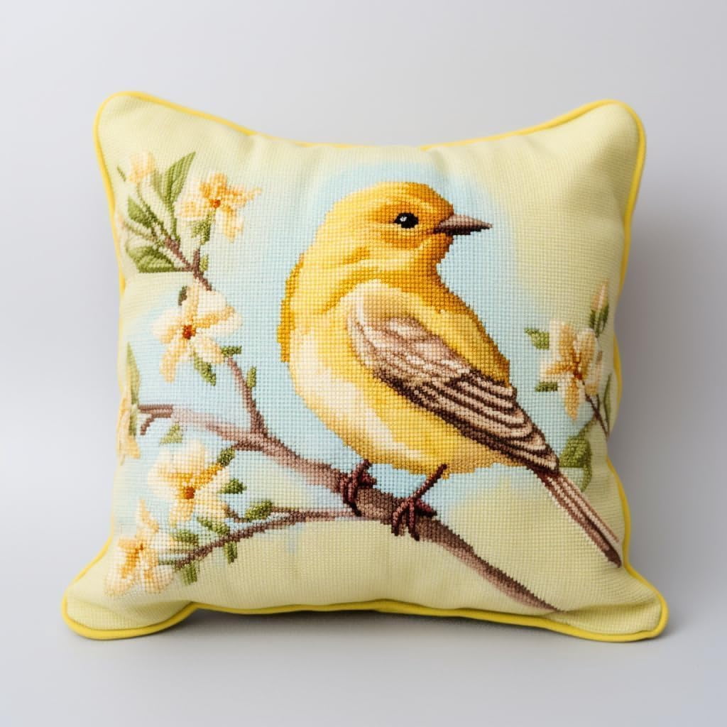 Latch Hook Kit, Yellow Bird Animal Latch Hook Pillow Kits For Adults Crochet Yarn Cushion Pre-Printed Needlework Handcraft 17X17 Inch