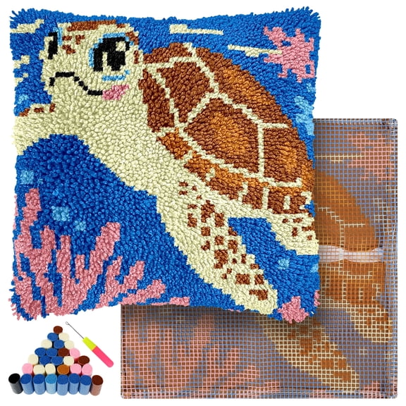 Latch Hook Kit for Adults, DIY Sea Turtle Crochet Cushion Cover with Yarn Hook Handmade Craft Present Beginner 17x17in