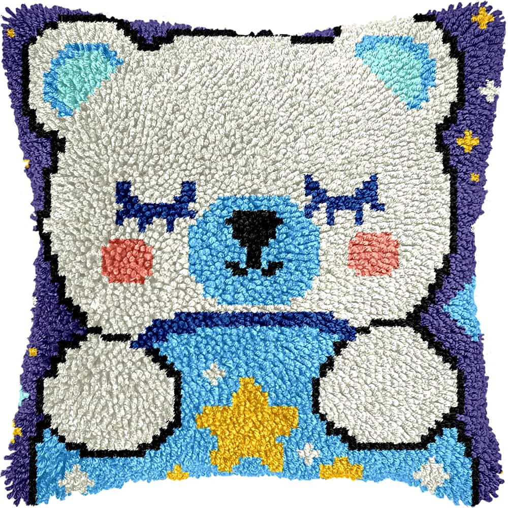 Latch Hook Kits For Adults Beginners Bear 17X17 In Diy Crochet Pillow Kit Pre-Printed Pillowcase Hook And Latch Rug Kits Needlework Cushion Cover For Home Sofa