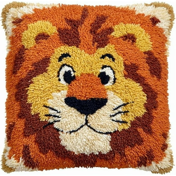 Latch Hook Kits for Adults Beginners Cartoon Lion 17X17 in DIY Crochet Pillow Kit Pre-Printed Pillowcase Hook and Latch Rug Kits Needlework Cushion Cover for Home Sofa Decoration