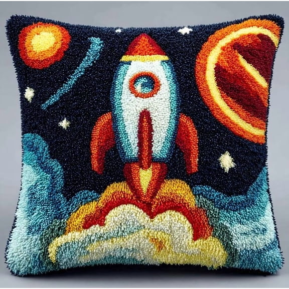 Latch Hook Kits For Adults Beginners, Cartoon Rocket 17X17 In Pre-Printed Latch Hook Pillow Kit, Craft Rug Making Kits, Diy Embroidery Cushion For Home Sofa Decor & Gift Idea