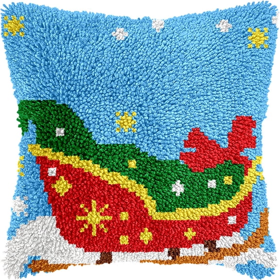 Latch Hook Kits For Adults Beginners, Christmas Sleigh Pattern 17X17 In Pre-Printed Latch Hook Pillow Kit, Craft Rug Making Kits, Diy Embroidery Cushion For Home Sofa Decor & Gift Idea
