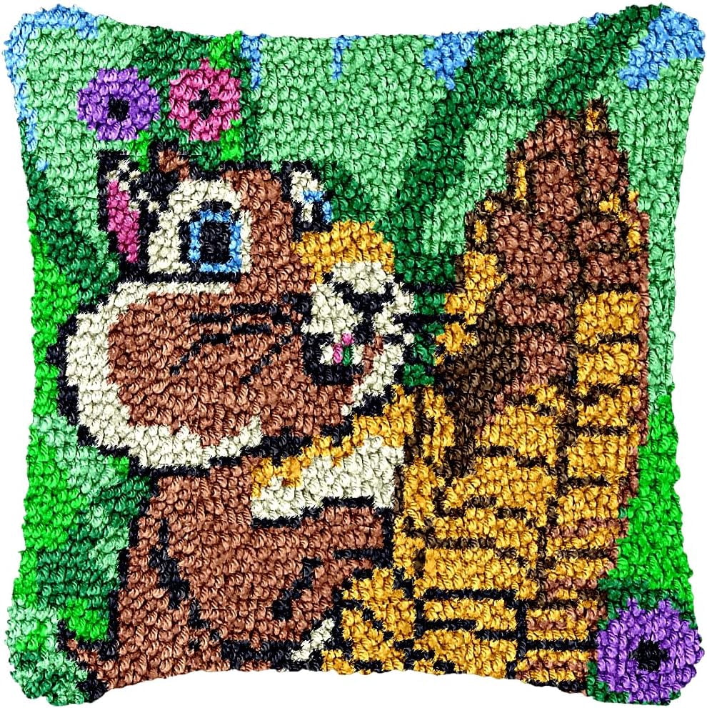 Latch Hook Kits for Adults Beginners DIY Animal Pillowcase Crafts Cover Case Latch Hook Rug Kits with Squirrel Canvas Crochet Yarn Kits Needlework Crafts 17'' X 17'' (Squirrel)