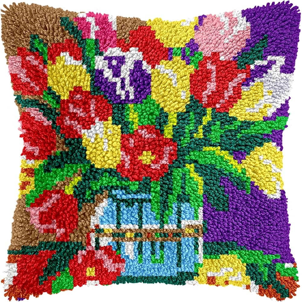 Latch Hook Kits For Adults Beginners Flowers 17X17 In Diy Crochet Pillow Kit Pre-Printed Pillowcase Hook And Latch Rug Kits Needlework Cushion Cover For Home Sofa