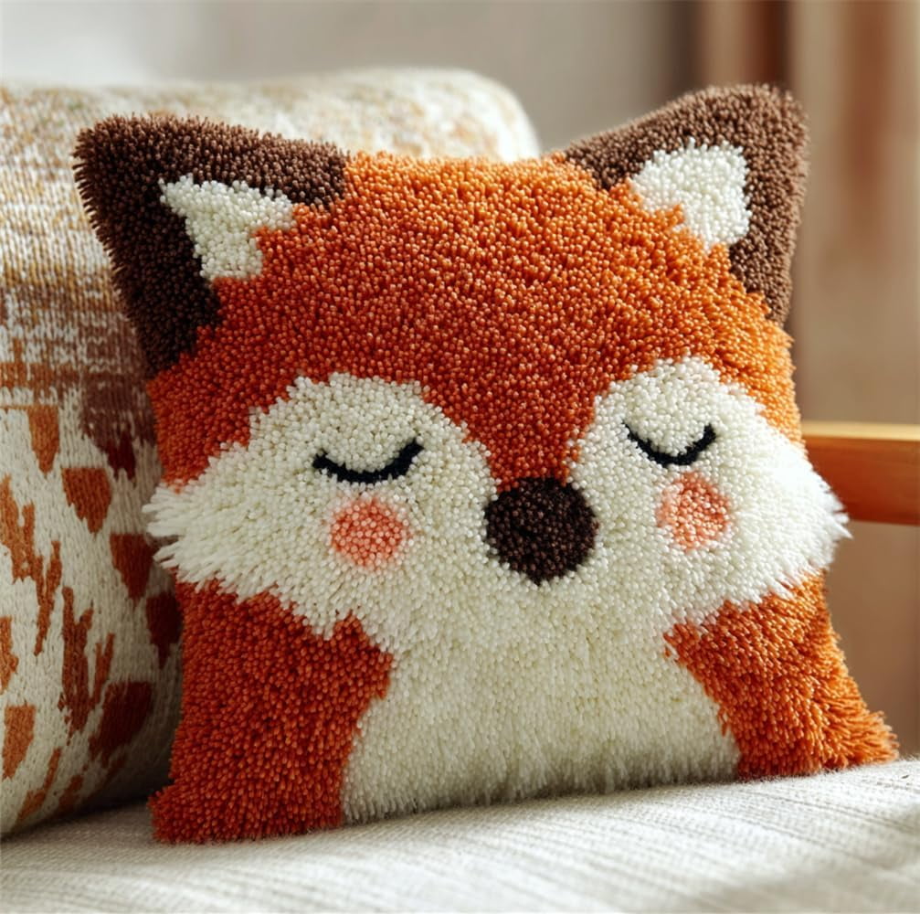 Latch Hook Kits For Adults Beginners, Fox 17X17 In Pre-Printed Latch Hook Pillow Kit, Craft Rug Making Kits, Diy Embroidery Cushion For Home Sofa Decor & Gift Idea